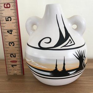 Mountain Rainbow 2-Handle Round Jug Vase Hand Painted Navajo Artist Signed M.Y.